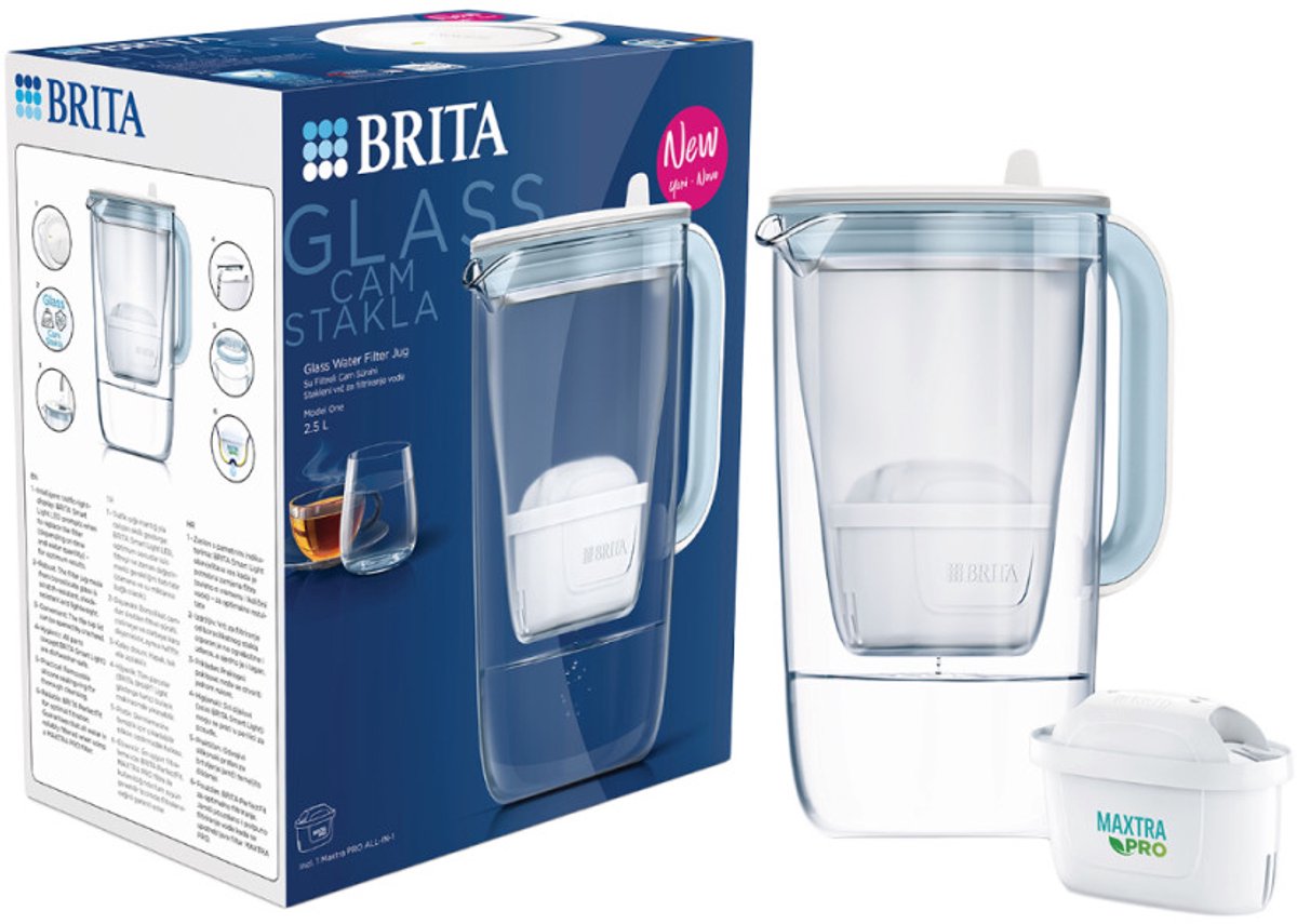 Brita - glass jug waterfilterkan - 2,5l - blauw - glazen waterkan - incl. 1 maxtra pro pure performance filterpatroon