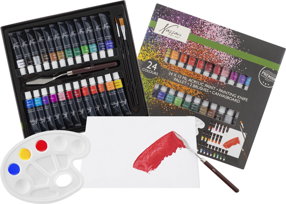 Nassau fine art acrylverf set | 24 acrylverf tubes | paletmes | 2 x penselen | inclusief canvas
