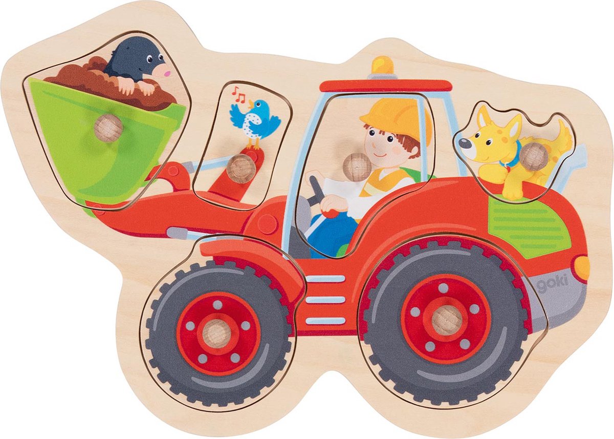 Goki steekpuzzel - wiellader - 6 delen - 28x19x2,4cm - hout - 1 jaar