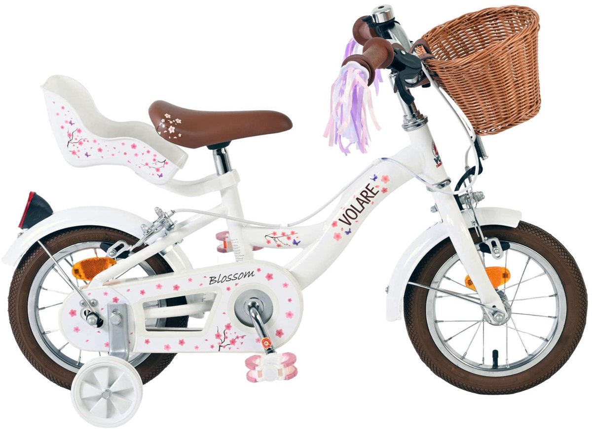 Volare Blossom Kinderfahrrad - Mädchen - 12 Zoll - Weiß - Zwei Handbremsen
