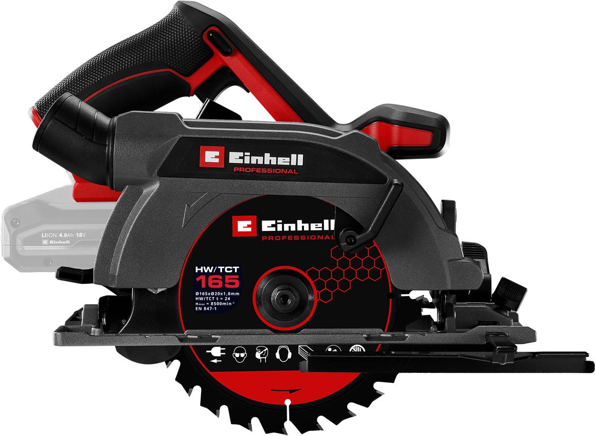 Einhell professional accu cirkelzaag tp-cs 18 165 li bl solo - power x-change - 18 v li-ion - 5.000 t min - ø165x20 mm 24 t - max. zaagdiepte: 90° 45°: 59 44 mm - excl. accu en lader