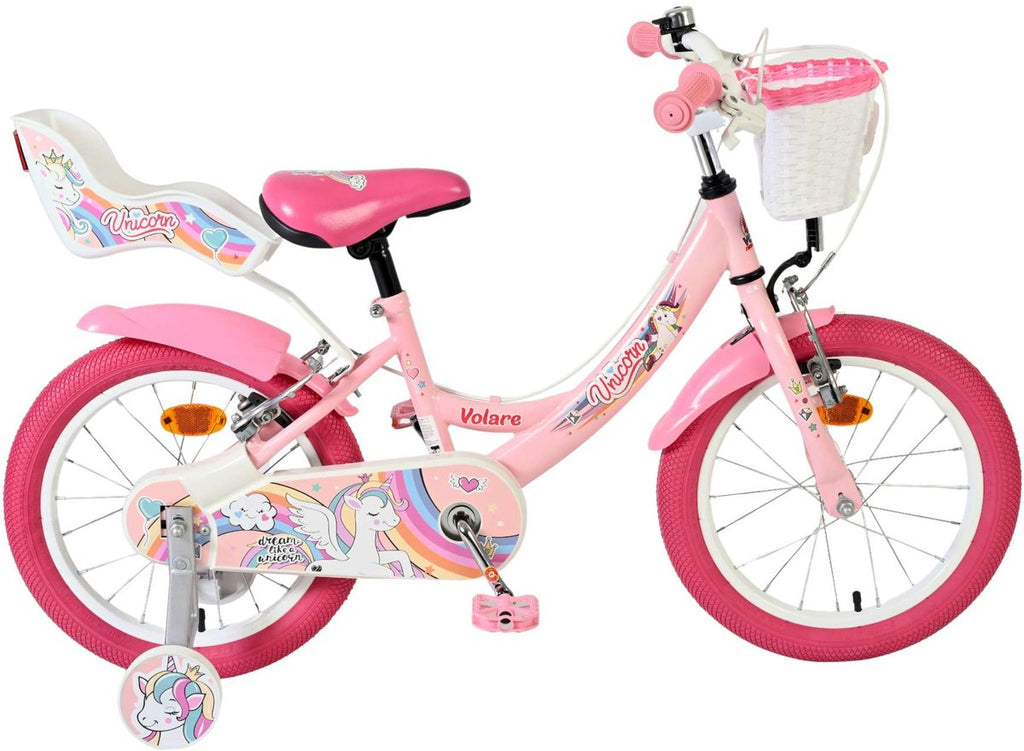 Volare Unicorn Kinderfahrrad - Mädchen - 16 Zoll - Rosa - Zwei Handbremsen