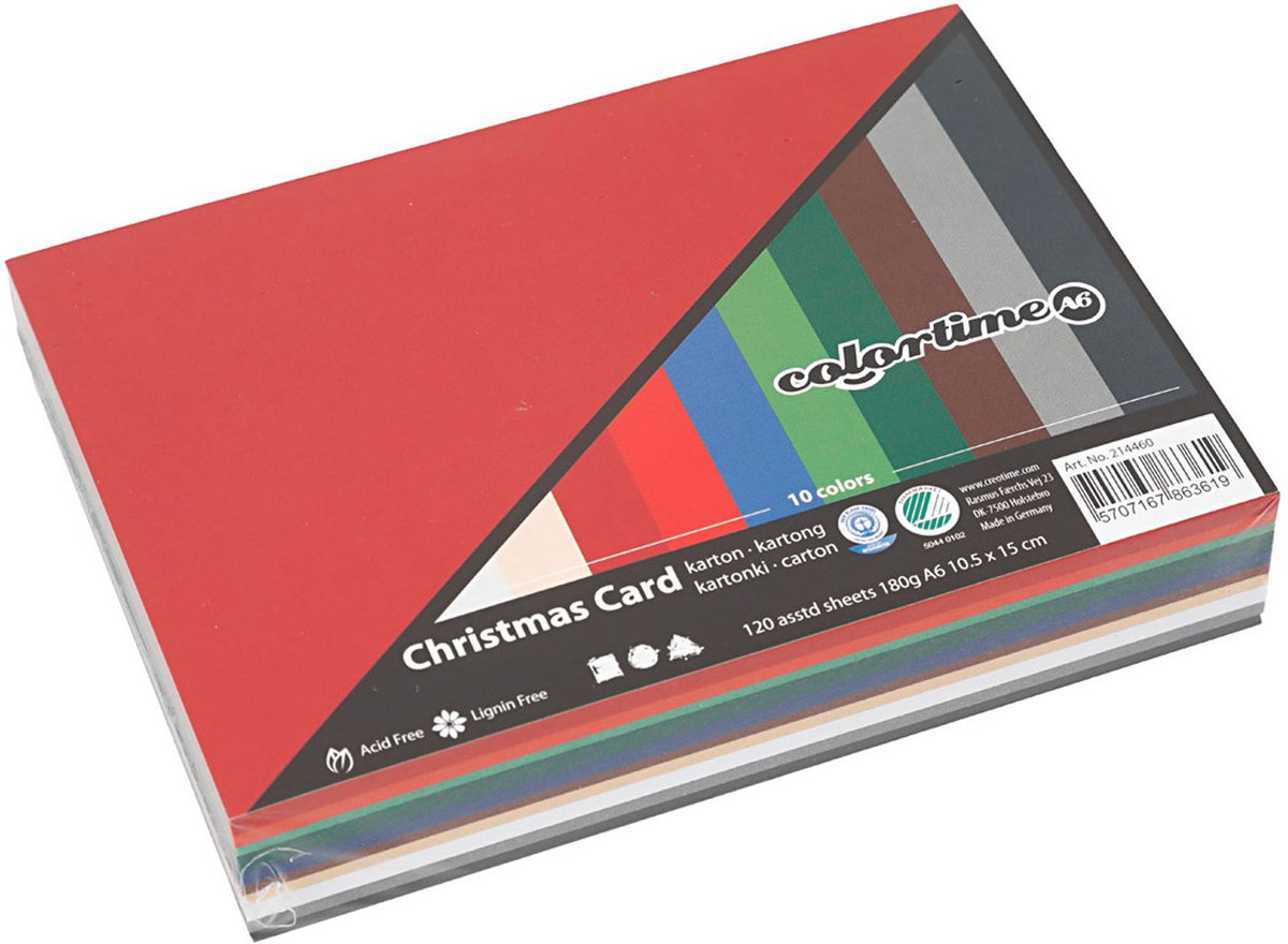 Weihnachtskarton der Firma Creativ Company, A6, Blattgröße 105 x 148 mm, 180 g/m², verschiedene Farben, 120 Blatt, 1 Karton