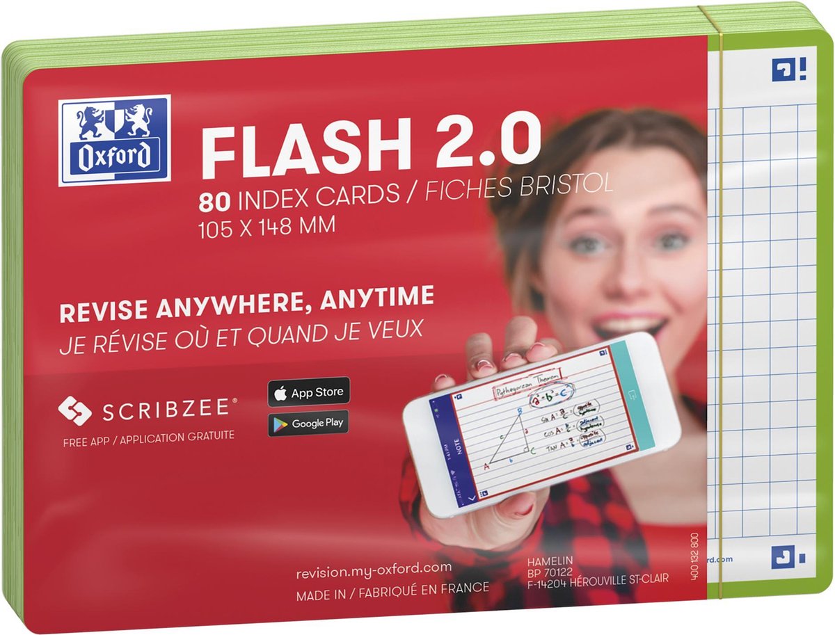 Oxford flash 2.0 - flashcards - geruit 5mm - a6 - groene rand - 80 stuks
