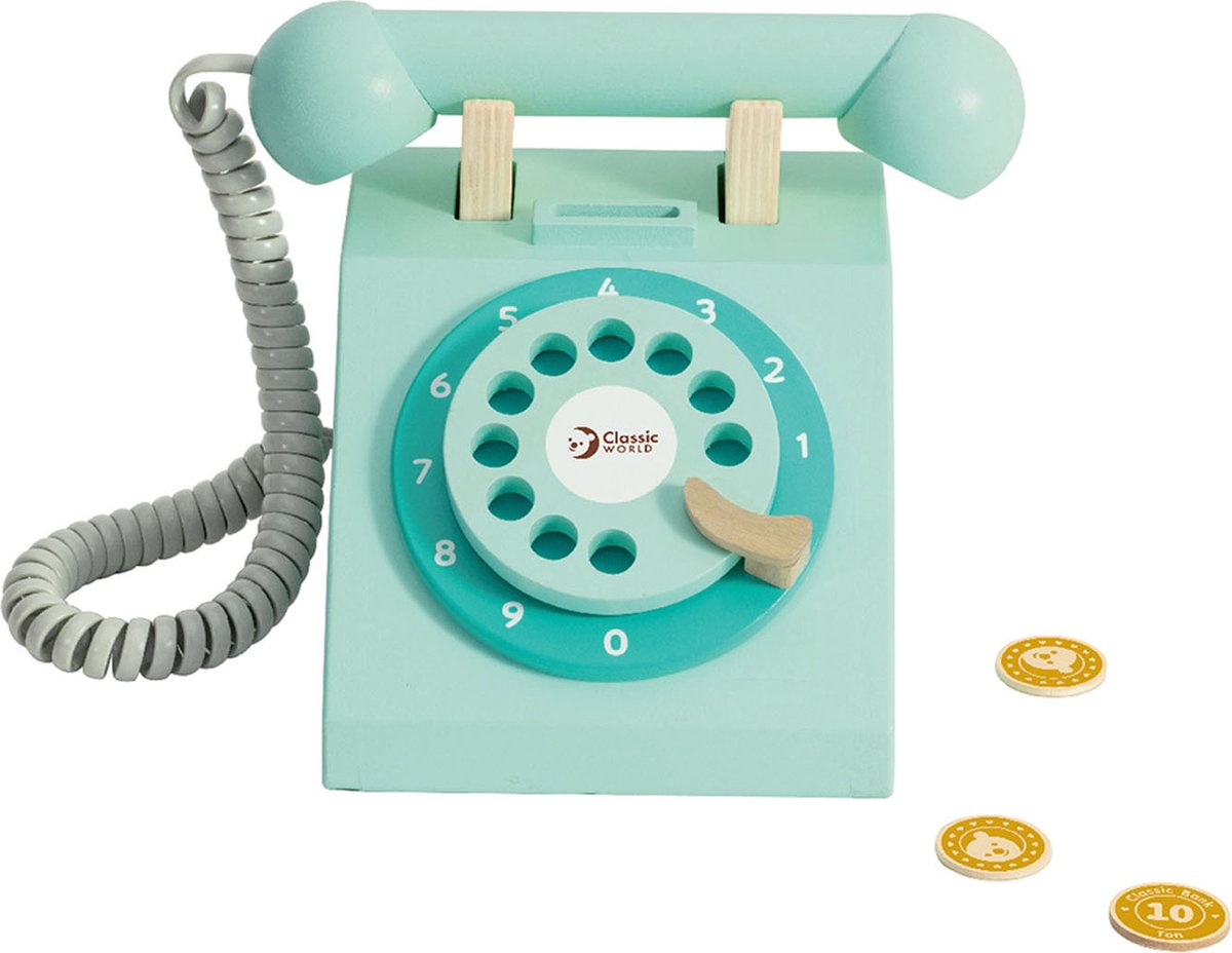 Klassisches World World Retro-Telefon aus Holz, Türkis