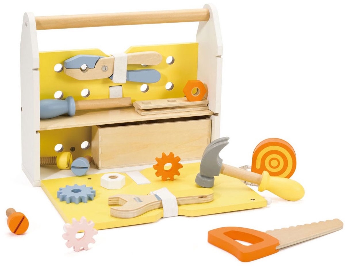 Moderner Werkzeugkasten aus Holz von Classic World, 27-teilig.
