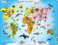 Larsen dieren in de wereld – puzzel – kaarten geografie – wereld met dieren – educatieve legpuzzel voor kinderen – 28 stukjes – gemaakt in noorwegen – extra dikke 2,5 mm stukjes – tray met vaste rand