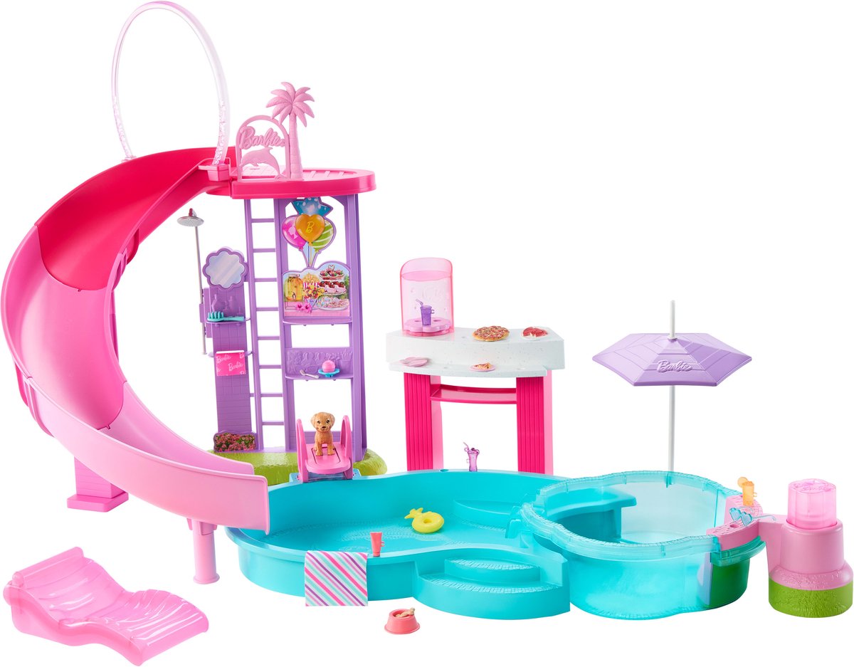 Barbie droomzwembad - speelset met glijbaan en bubbelbad en meer dan 20 accessoires
