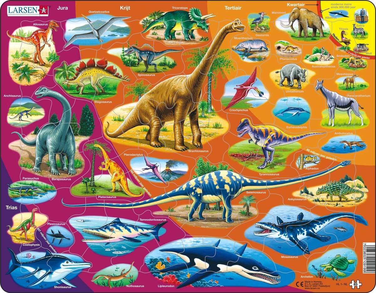 Larsen natuurhistorie: van het trias tot nu – puzzel – dieren – educatief – educatieve legpuzzel voor kinderen – 85 stukjes – gemaakt in noorwegen – extra dikke 2,5 mm stukjes – tray met vaste rand