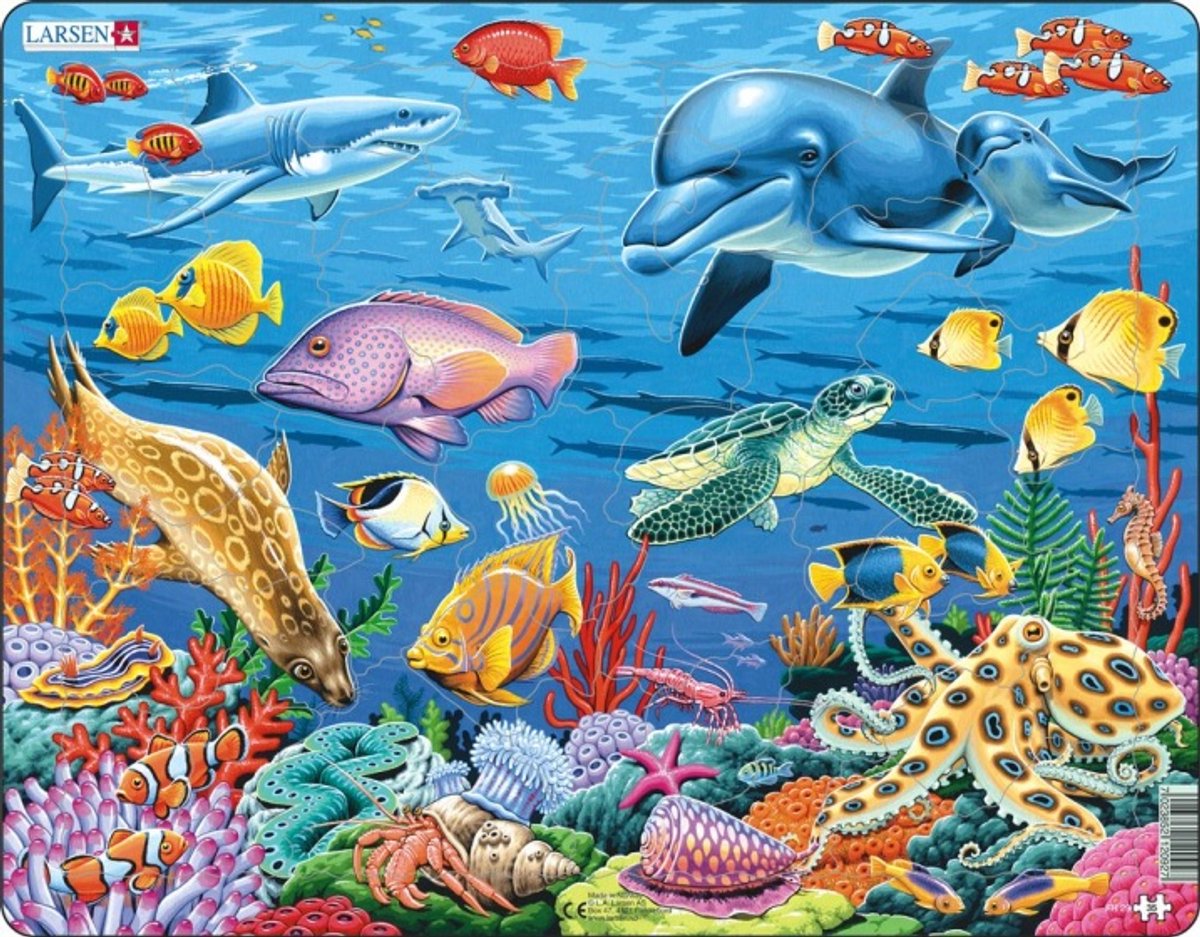 Larsen koraalrif – puzzel – dieren – oceaan – educatieve legpuzzel voor kinderen – 35 stukjes – gemaakt in noorwegen – extra dikke 2,5 mm stukjes – tray met vaste rand