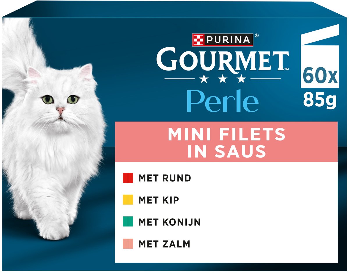 Gourmet perle mini filets in saus - kattenvoer natvoer - kip konijn rund zalm - 60 x 85 g