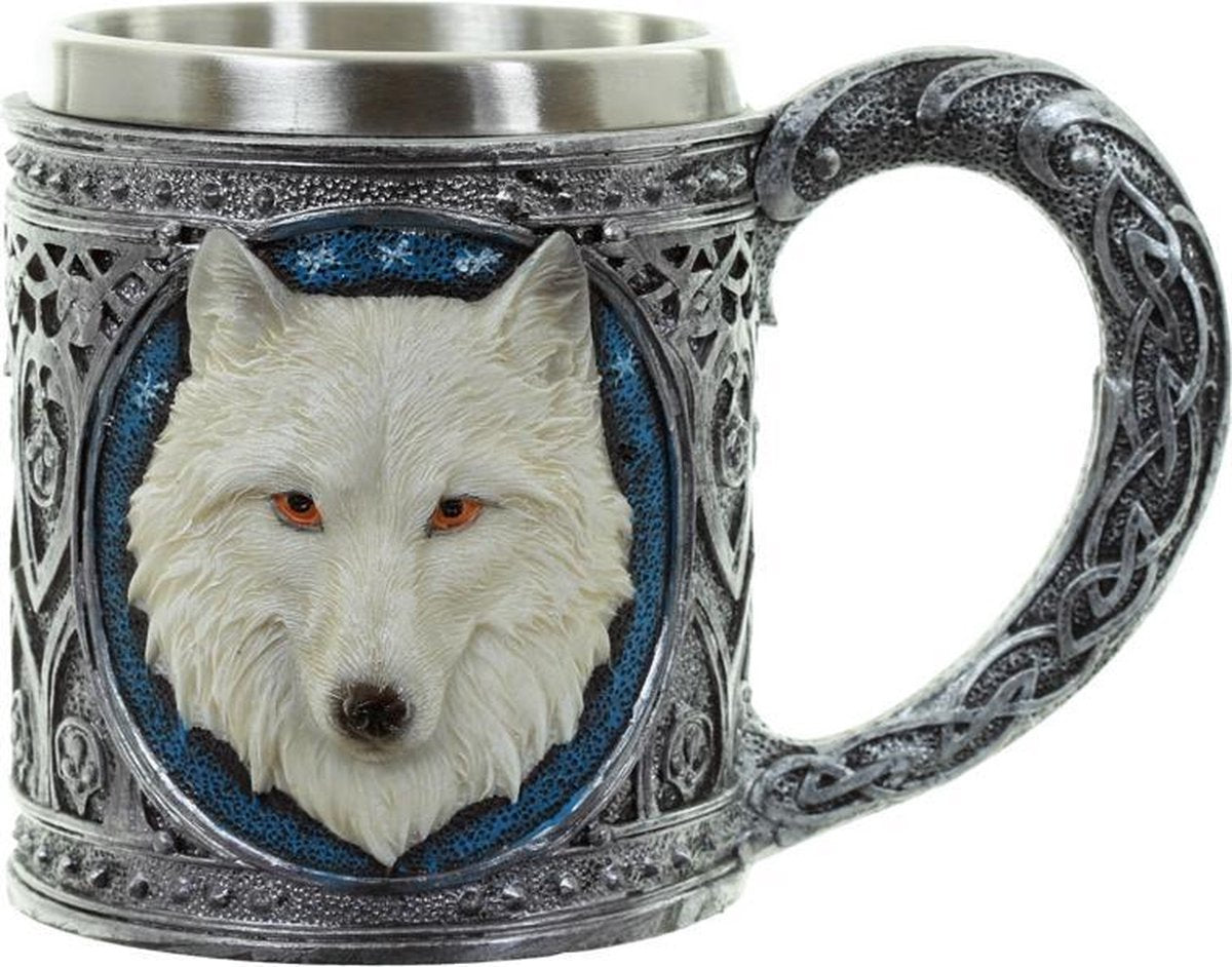 Puckator decoratieve witte wolf drinkbeker - witte wolf mok met rvs inzet - voor warme en koude drankjes