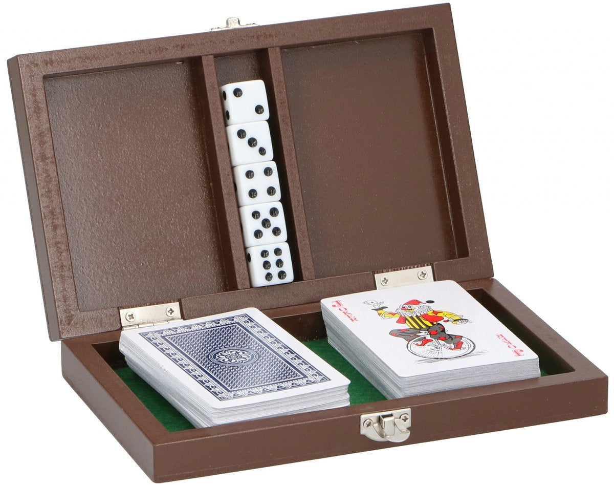 Spielkarten- und Würfelset in Holzbox