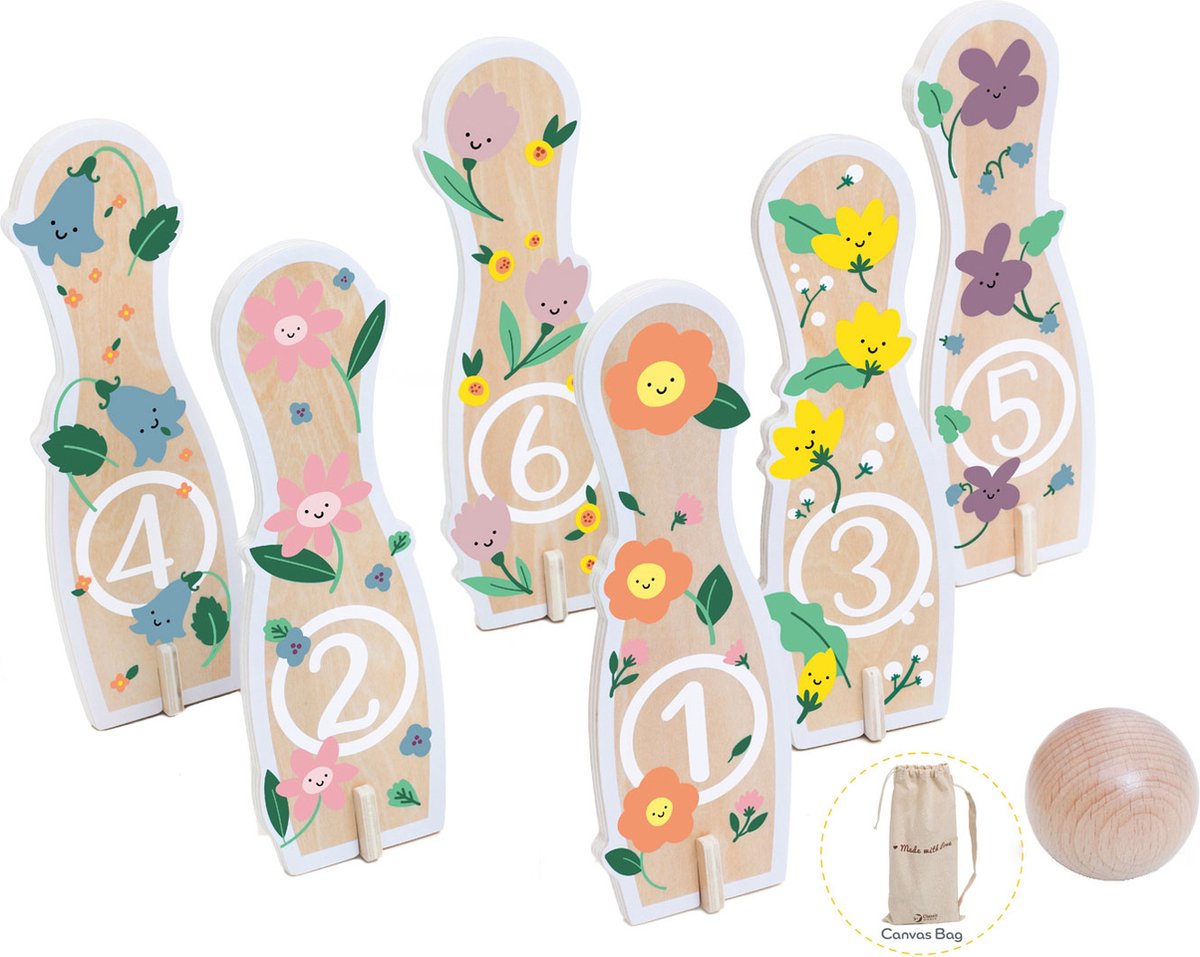 Klassische Welt Holz Bowling-Set Blumen, 14-teilig,