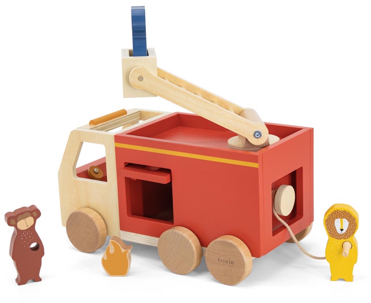 Trixie houten brandweerwagen - speelgoedauto met ladder en dieren - fsc® hout - duurzaam peuterspeelgoed - vanaf 18 maanden