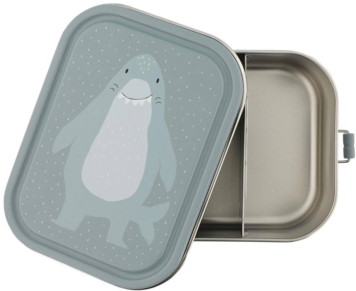 Trixie brooddoos groot - mr. shark - rsv lunchbox voor kinderen - makkelijk te openen broodtrommel - 2 vakken - grijs - haai - rvs