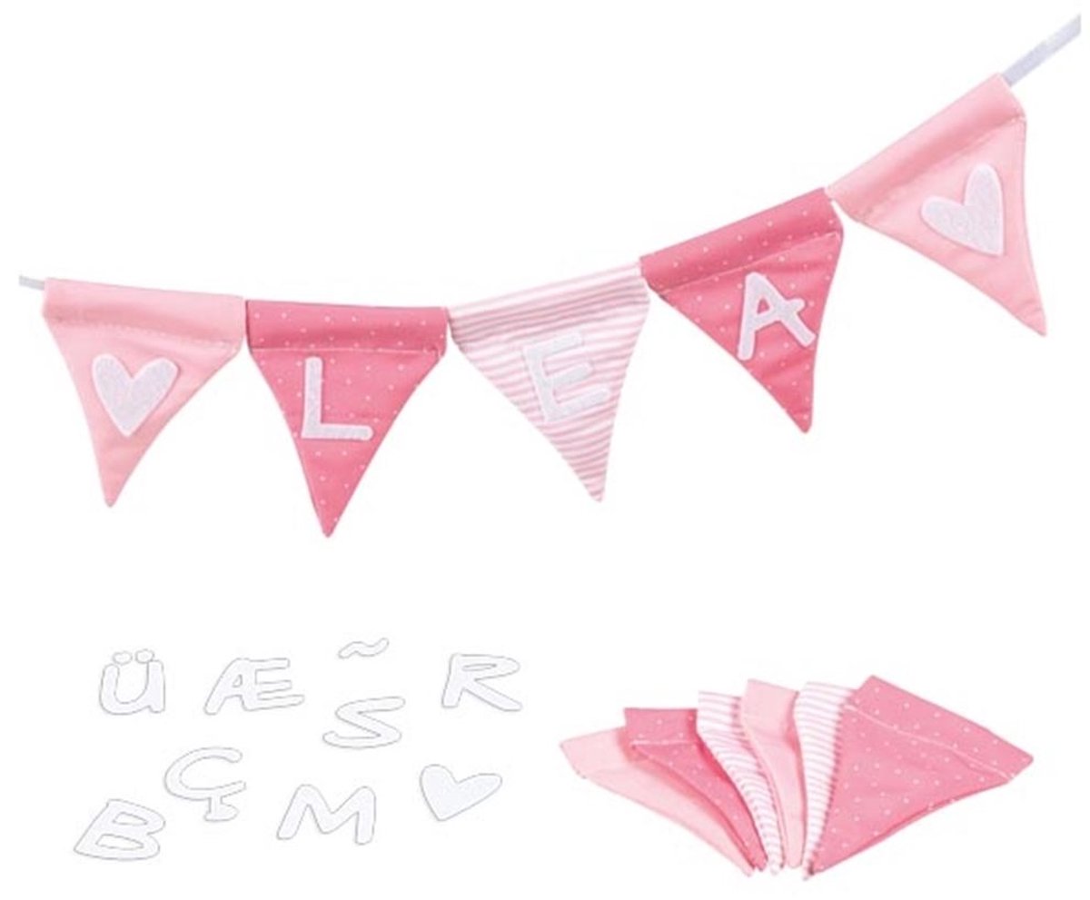 Bastle eine rosa Goki-Stoffgirlande mit 10 Wimpeln und Buchstabenschildern.