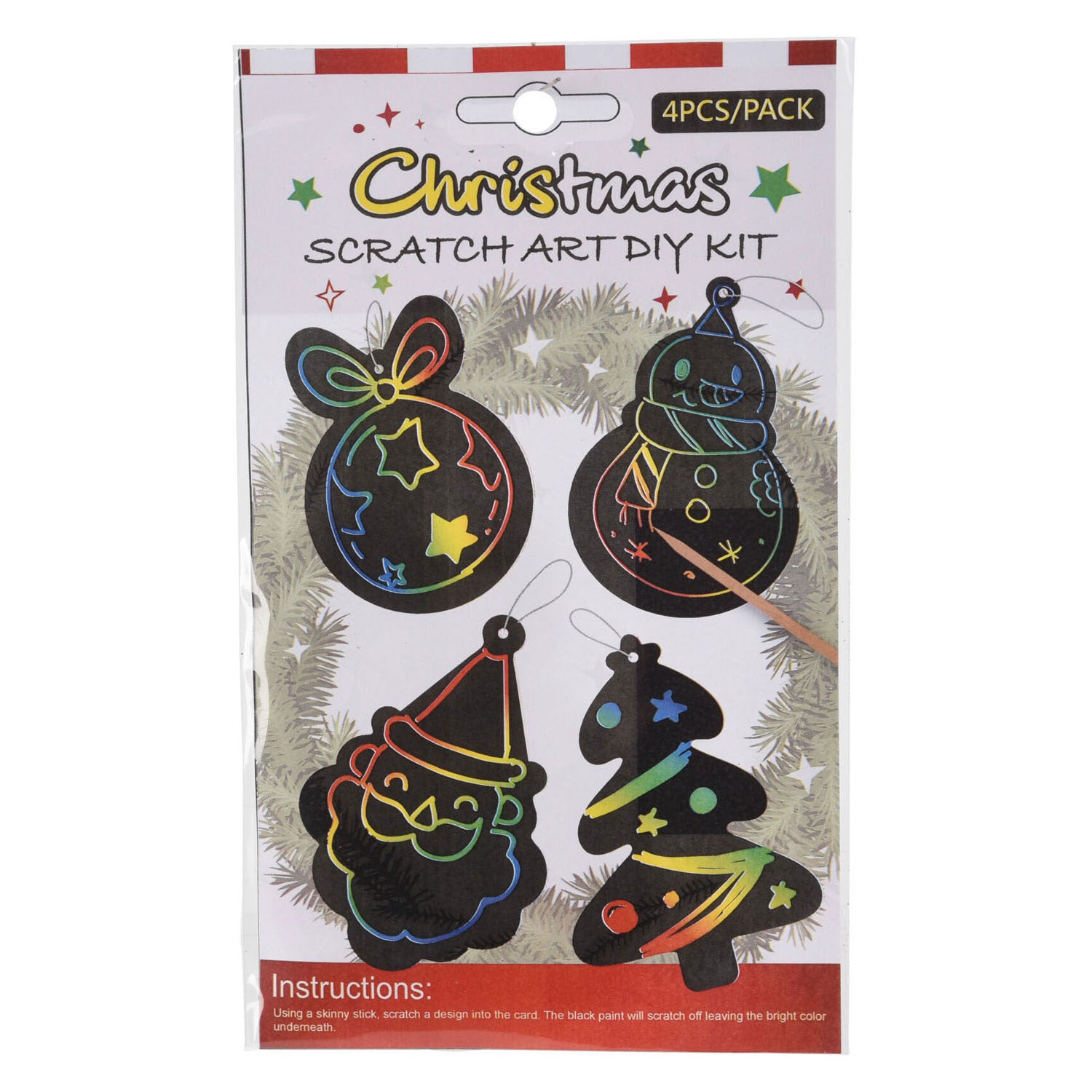 Weihnachtsanhänger mit Kratztechnik, 4 Stück.