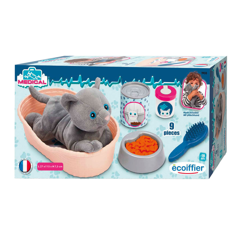 Ecoiffier Kuschelkatze mit Katzenkorb-Spielset, 9-teilig.