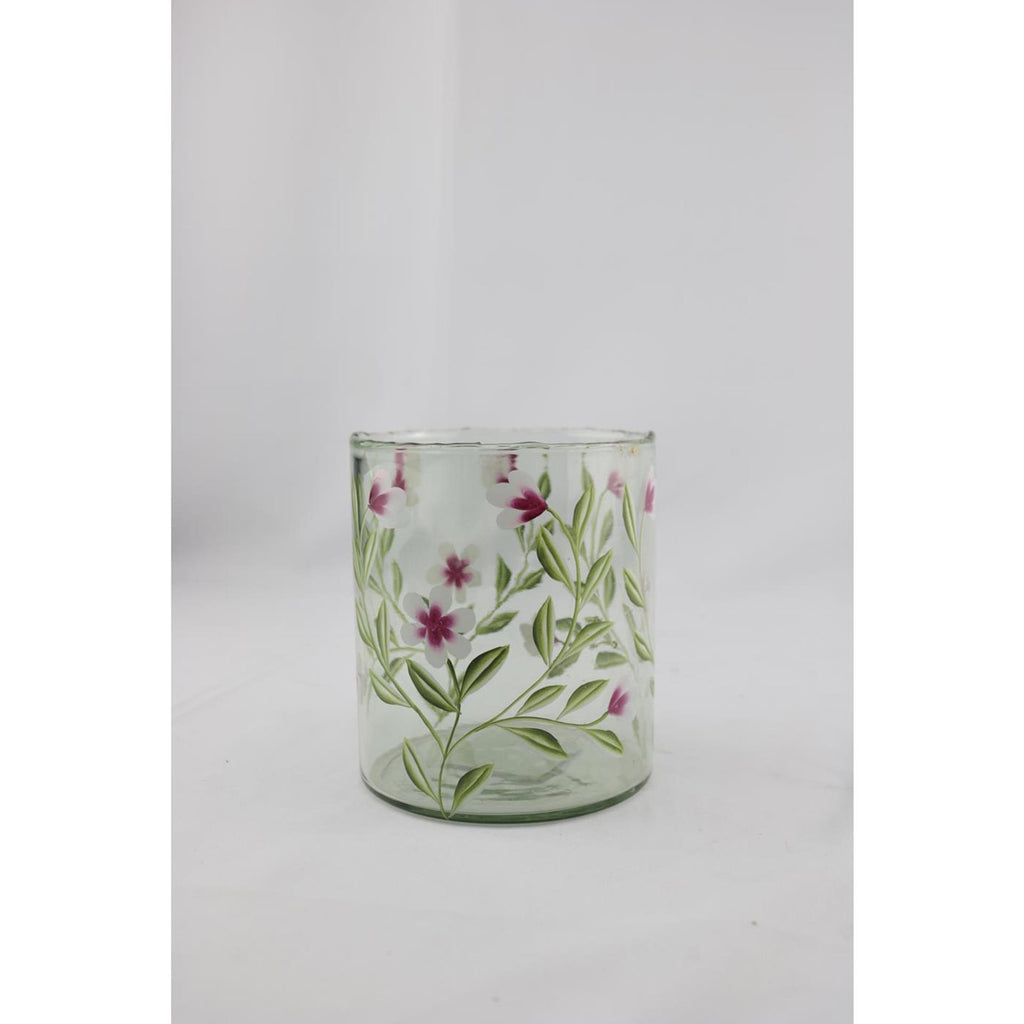 Mansion atmosphere vaas glas met roze bloemen 13x13x15cm