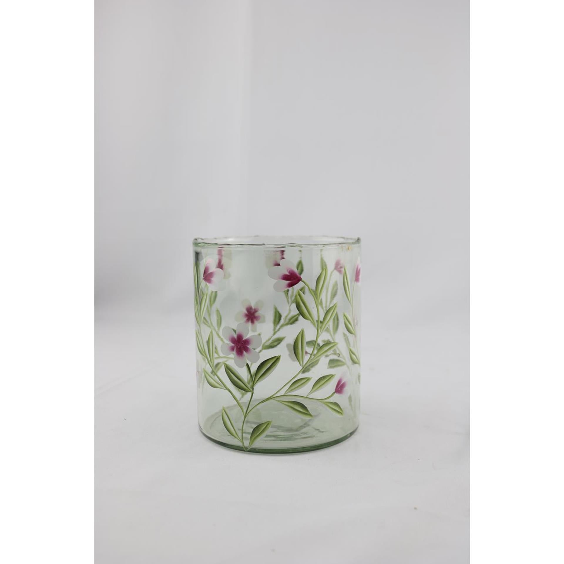 Mansion atmosphere windlicht glas met roze bloemen 13x13x15cm