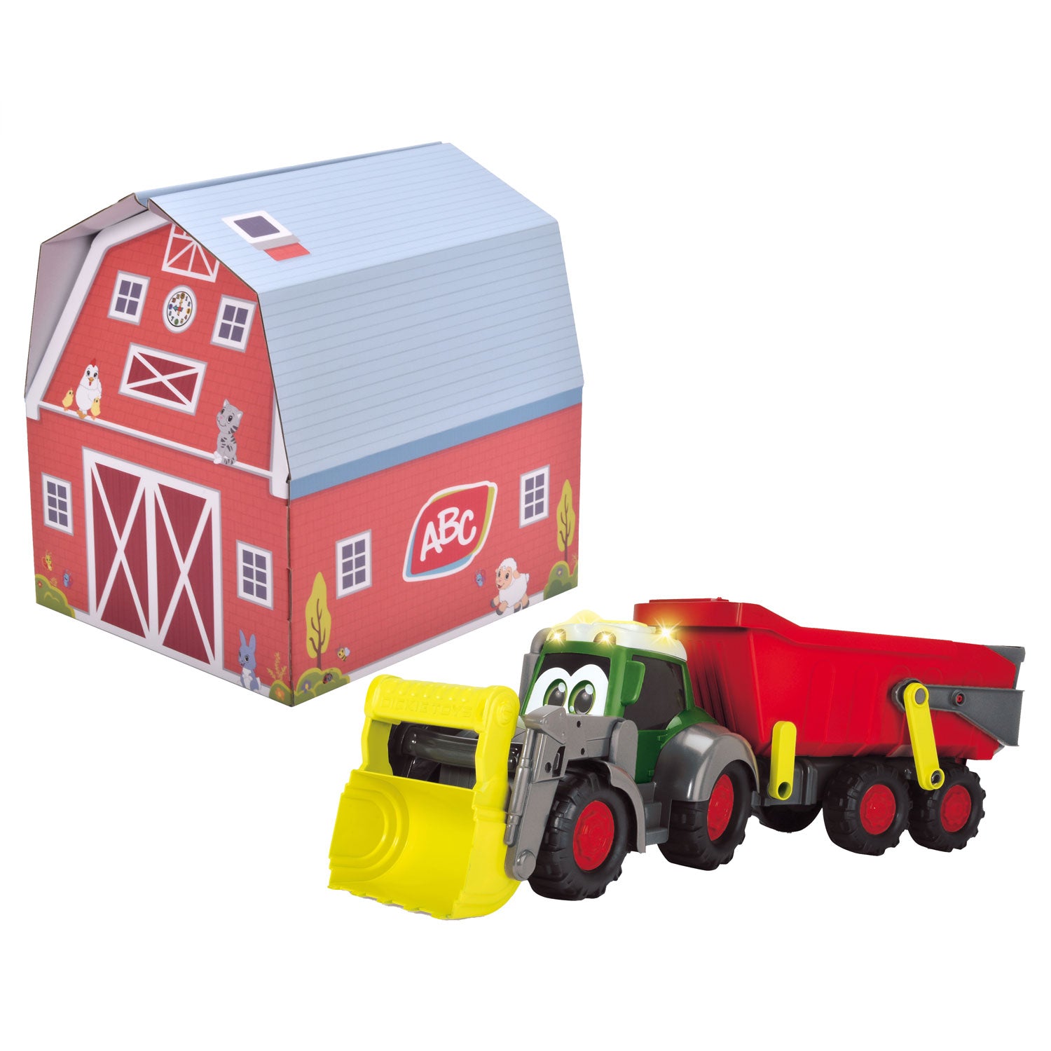 Dickie abc fendti tractor met aanhanger en boerderij