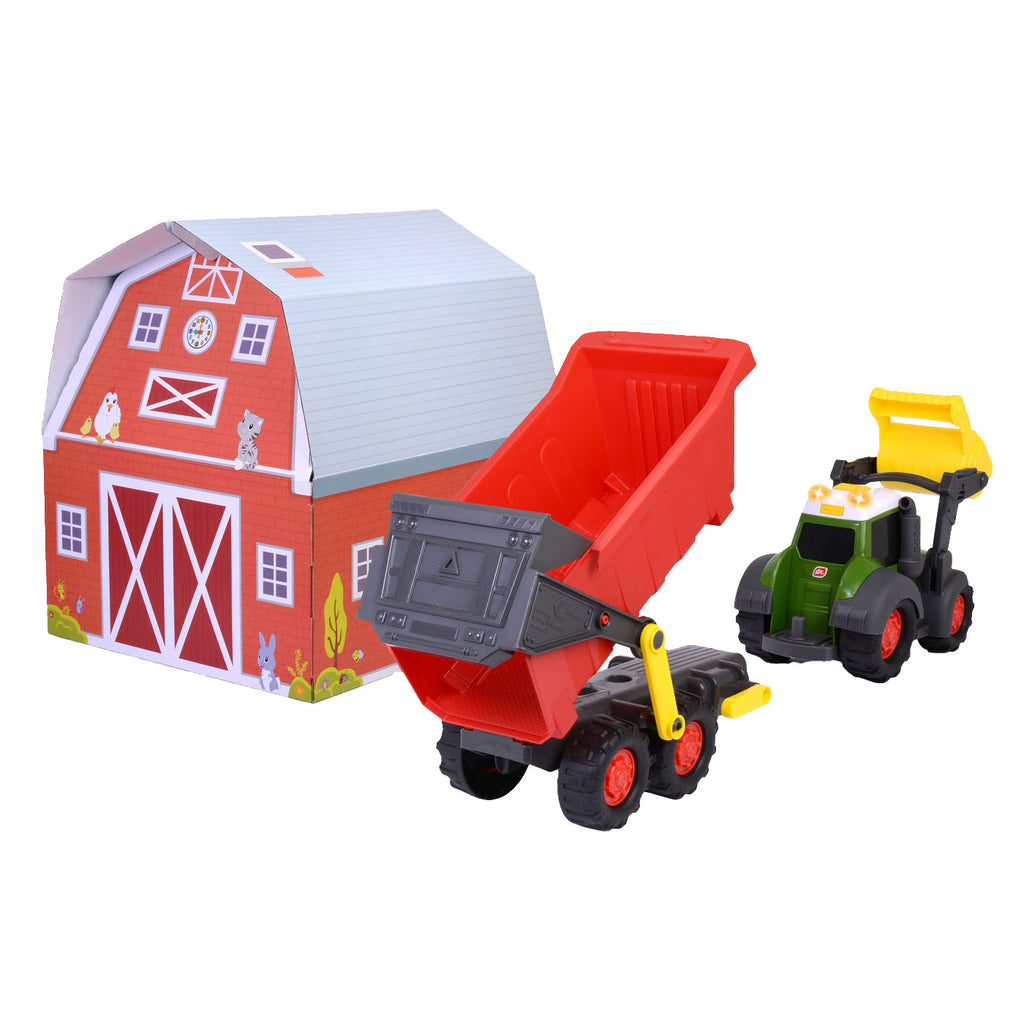 Dickie abc fendti tractor met aanhanger en boerderij