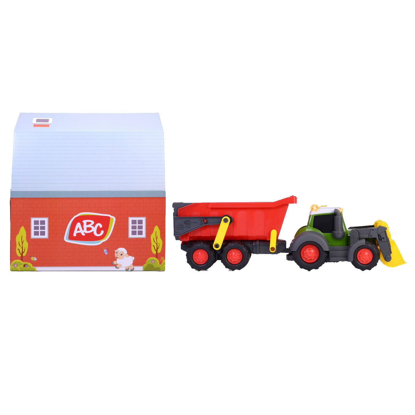 Dickie abc fendti tractor met aanhanger en boerderij