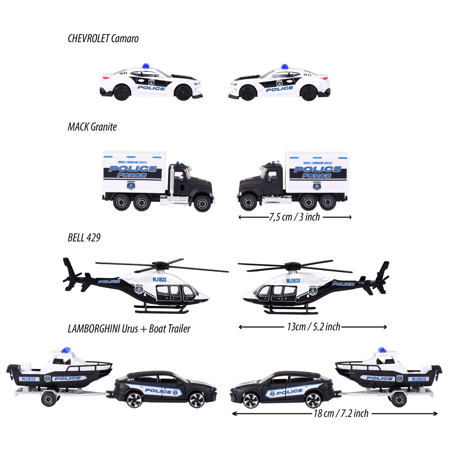 Majorette Polizeiautos Geschenkset, 4 Stück.
