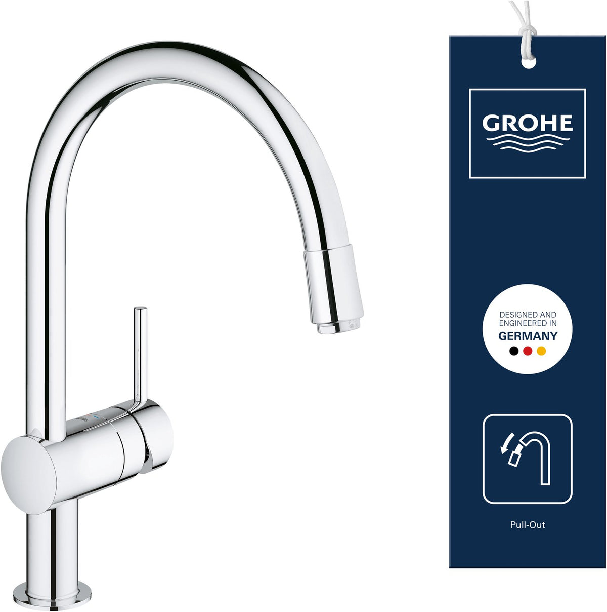 Grohe minta keukenkraan - hoge c-uitloop - met uittrekbare handdouche - 1 straalstand - chroom