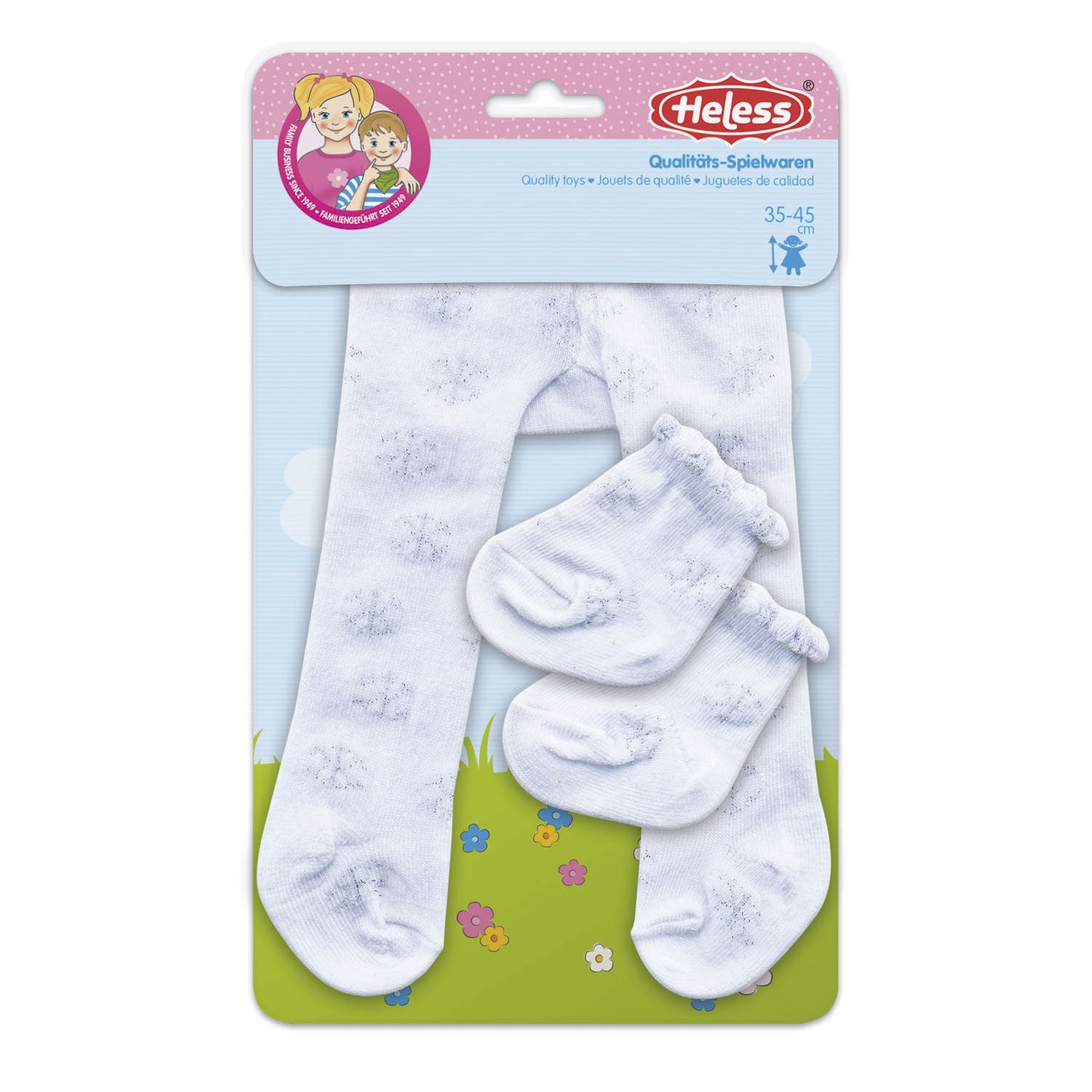 Strumpfhose mit Socken für ärmellose Puppen – Schneeflocken, 35–45 cm