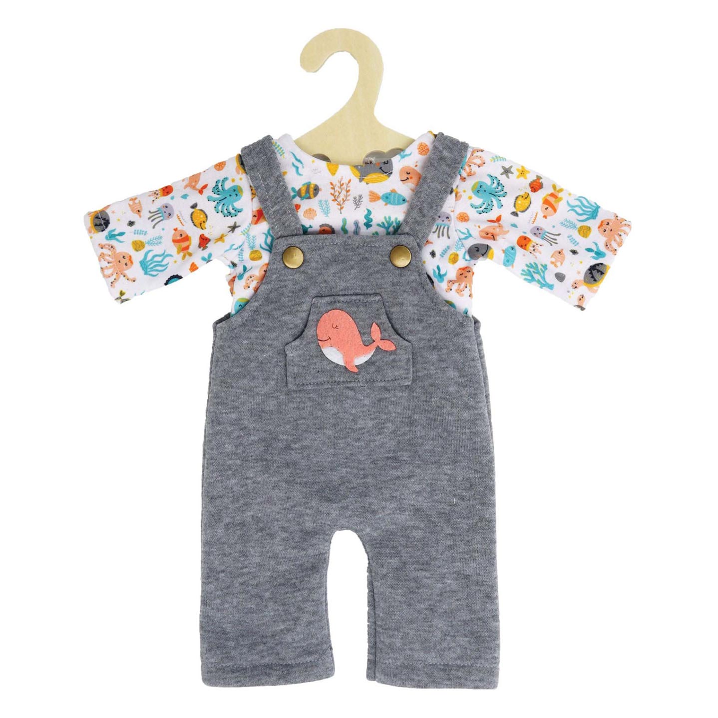 Latzhose mit T-Shirt „Rosa Wal“ für Puppen ohne Hosenbeine, 35–45 cm