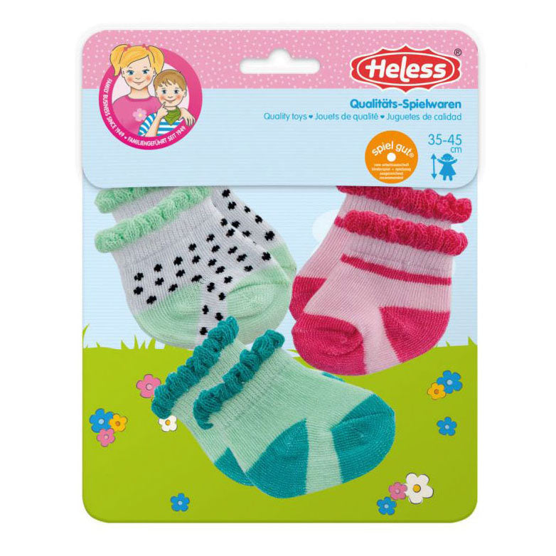 Heless Puppensocken mit Punkten, Mint und Rosa – 3 Paar, 35–45 cm