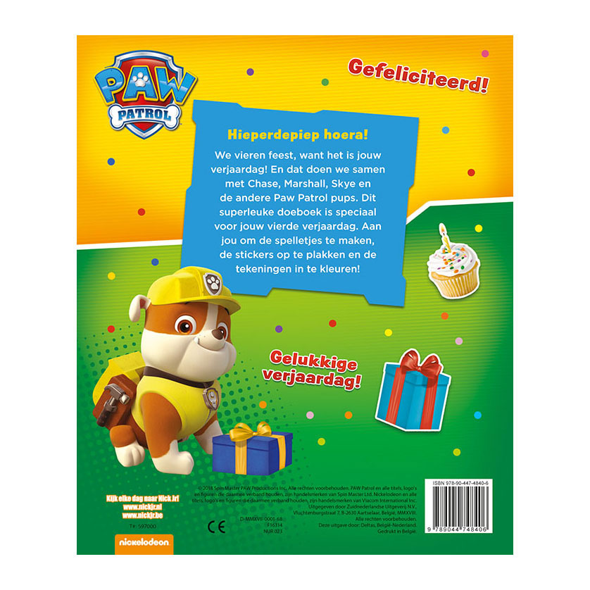 Paw patrol - kleurboek - hoera, 4 jaar - verjaardagsboek