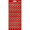Stickers, harten, vel 10x23 cm, goud, rood glitter, 1 vel