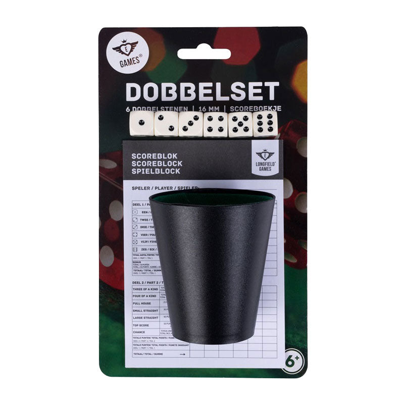 Longfield dobbelset beker+ 6 dobbelstenen en scoreboekje