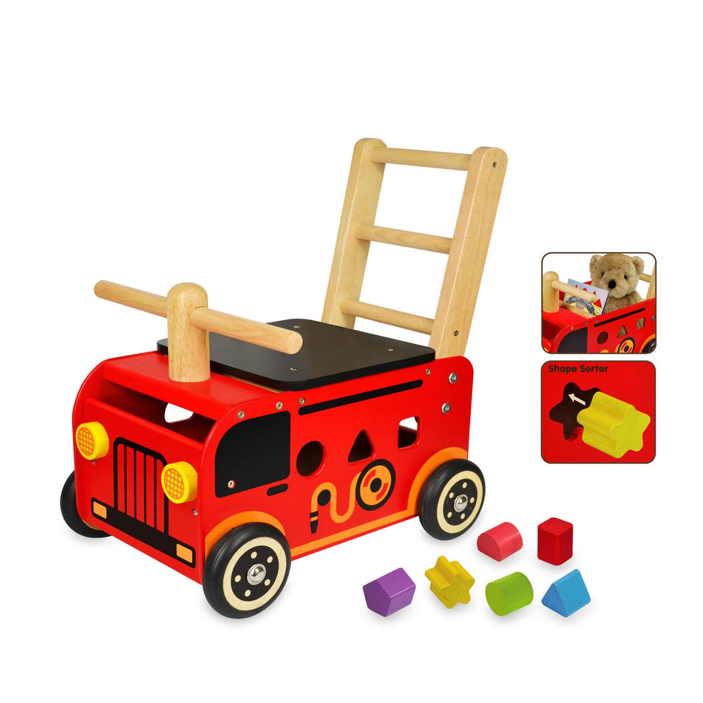 Ich bin der Spielzeug-Feuerwehr-Lauflernwagen und Schiebewagen