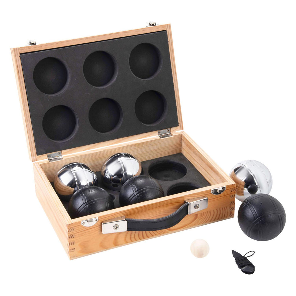 Engelhart metalen jeu de boules - 6 ballen in houten kist - zwart grijs - luxe set - pétanque - boules - metalen ballen - geschikt voor elke jeu de boules baan - longfield