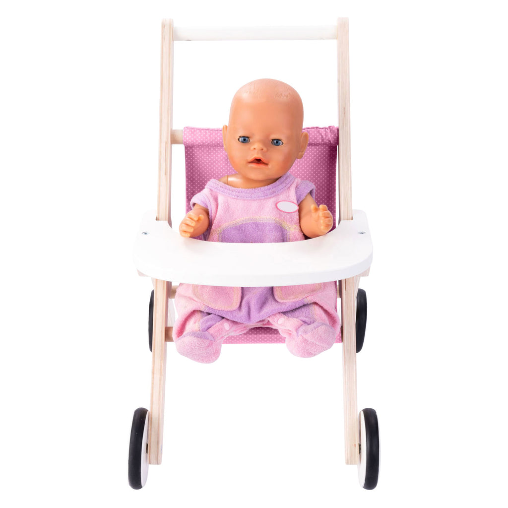 Houten poppenwandelwagen roze