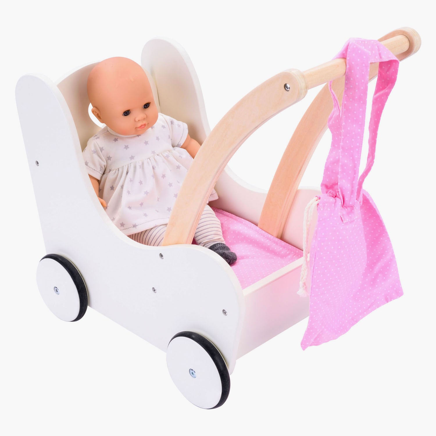 Puppenwagen aus Holz, rosa-weiß