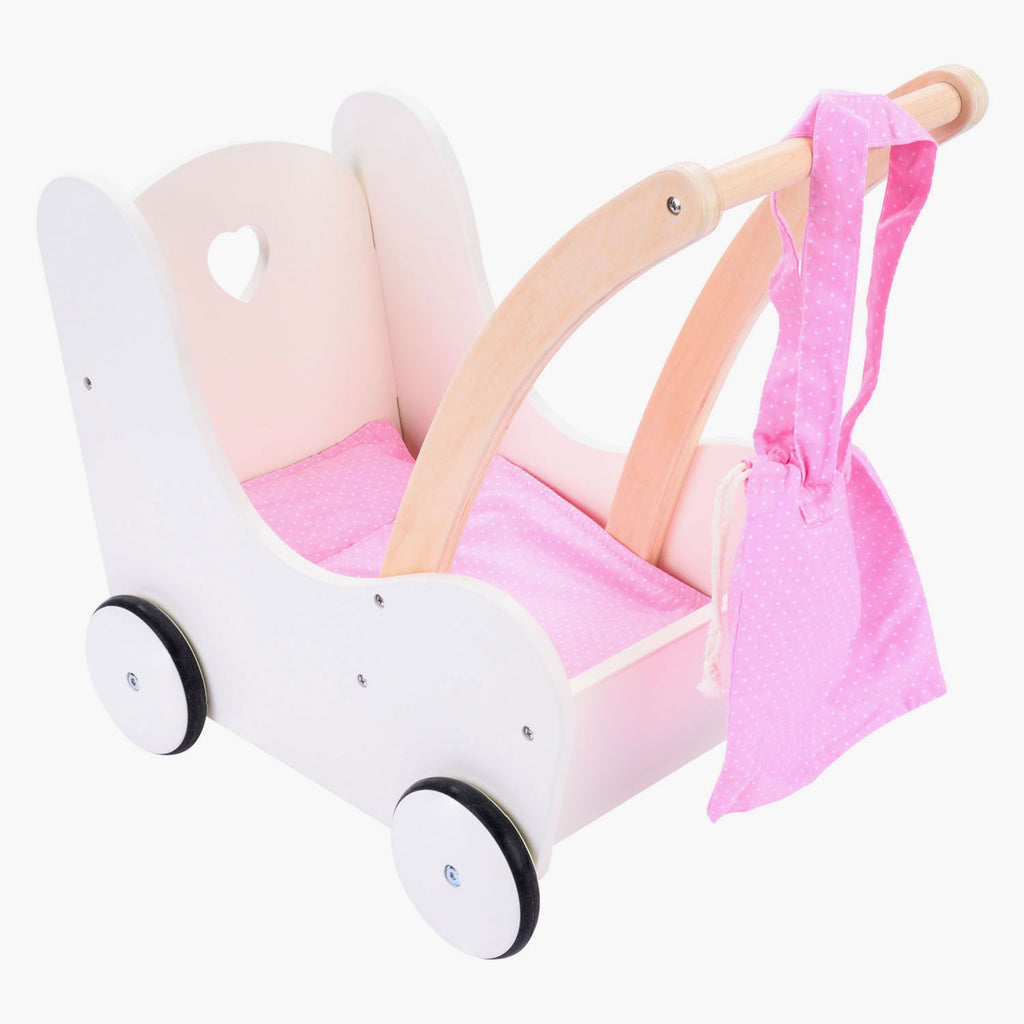 Puppenwagen aus Holz, rosa-weiß
