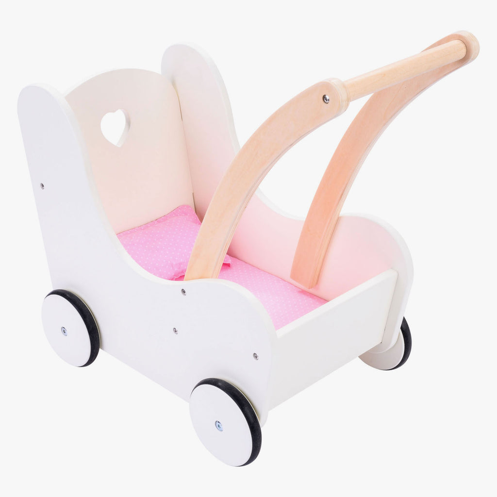 Puppenwagen aus Holz, rosa-weiß