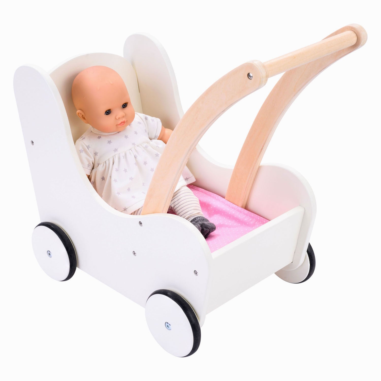 Puppenwagen aus Holz, rosa-weiß