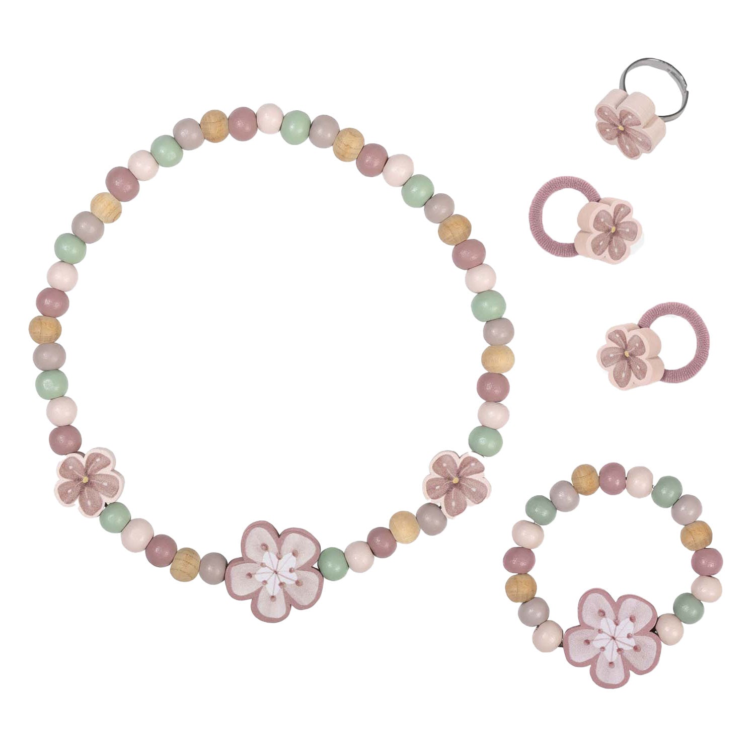 Kleines holländisches Schmuckset aus Holz, Blumen, 4-teilig.
