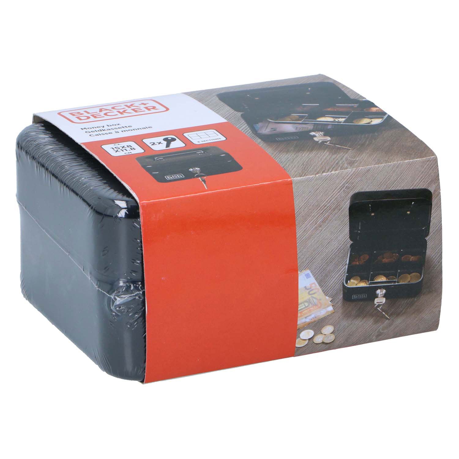 Black+Decker Geldkassette, schwarz, mit Schlüssel, 6 Fächer