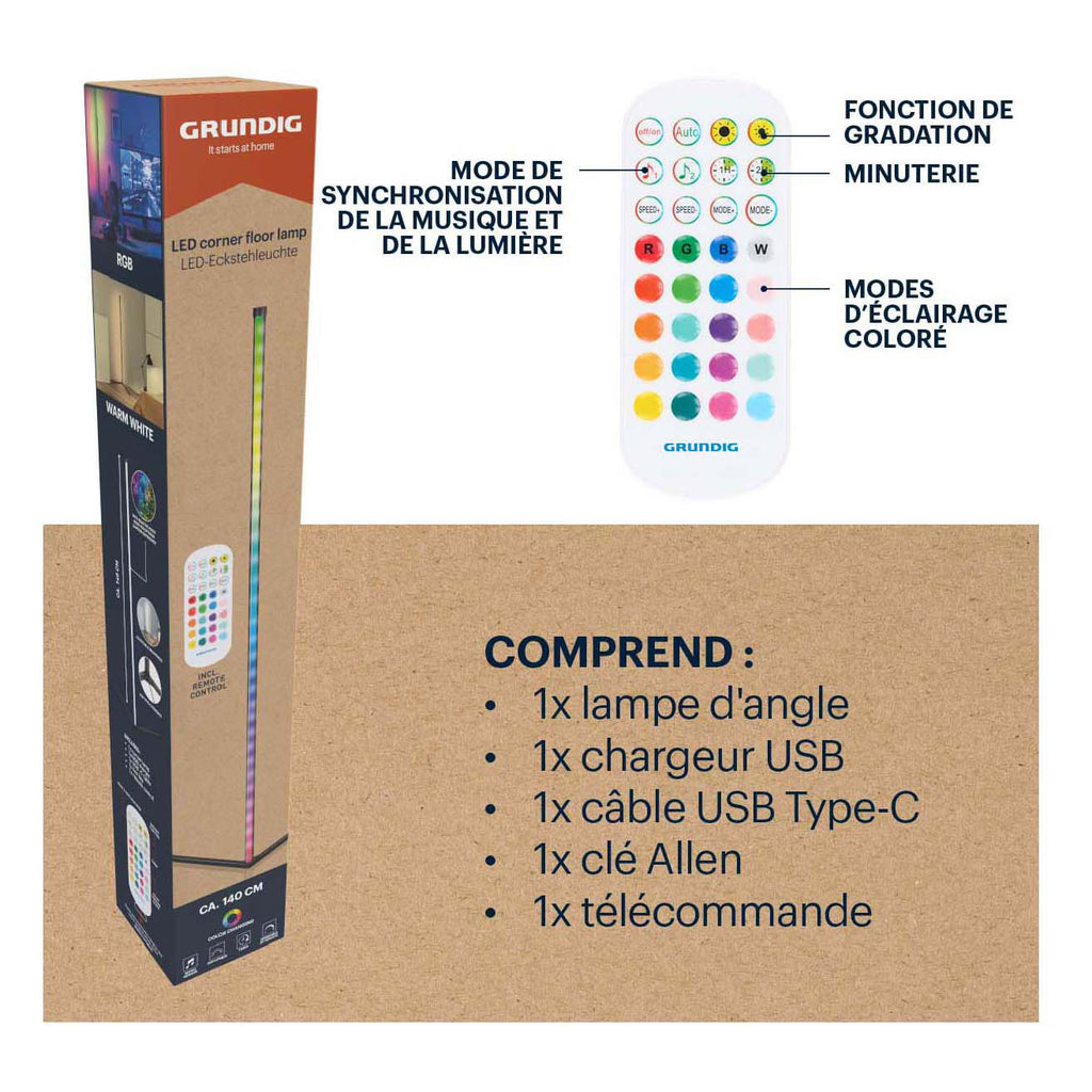 Grundig LED-Eckleuchte mit Fernbedienung, 140 cm