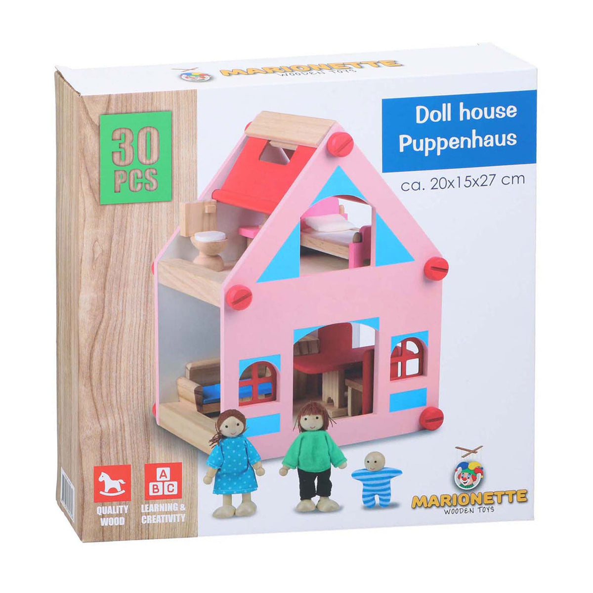 Puppenhaus aus Holz mit Zubehör, 30-teilig.