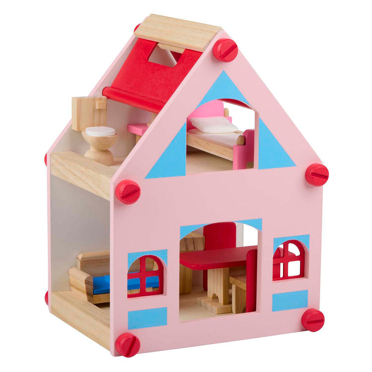 Puppenhaus aus Holz mit Zubehör, 30-teilig.