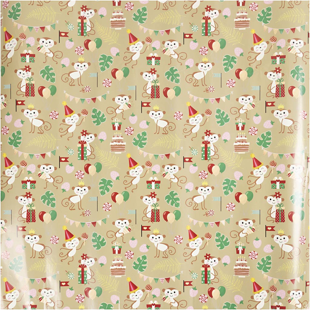 Inpakpapier, feestelijke aapjes, b: 50 cm, 80 gr, 100 m 1 rol