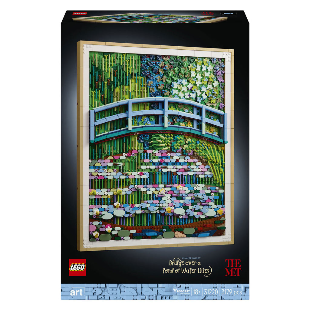 Lego art 31220 brug over een vijver met waterlelies